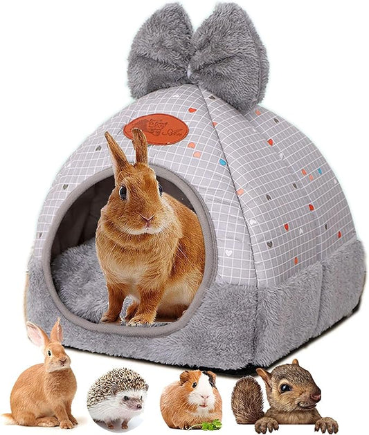 Rabbit Hideouts Bunny Bed Hideout House Cage Accessory for Guinea Pig Chinchilla Hamster Cozy Squirrel Hedgehog and Warm Rabbit Bed with Cute Bowknot Design(Grey)