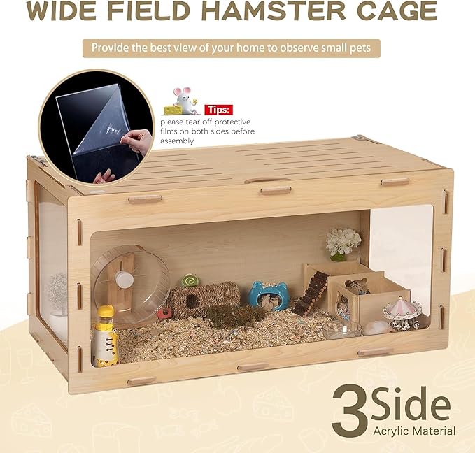 COZIWOW Hamster Cage, Chewproof 32" Large Wooden Hamster Enclosure with 270° Panoramic View, Acrylic Small Animal Habitat Cage for Syrian, Guinea Pig, Chinchilla, Gerbil
