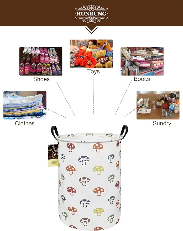 Collapsible Fabric Storage Basket, Waterproof Laundry Hamper with Handles, Round Storage Bin for Clothes Toys, Foldable Organizer for Bedroom Nursery Bathroom(Round-Color Mushroom)