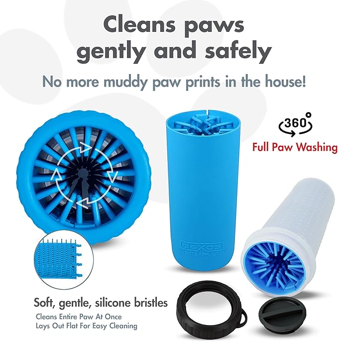 Dexas Lidded MudBuster Large Dog Paw Cleaner in Pro Blue - Fits 2.5"-3.5" Wide Paws, Portable Paw Washer for Muddy Paws, Dog Paw Cleaning Cup with Gentle Silicone Bristles, Quick Clean Pet Paw Washer