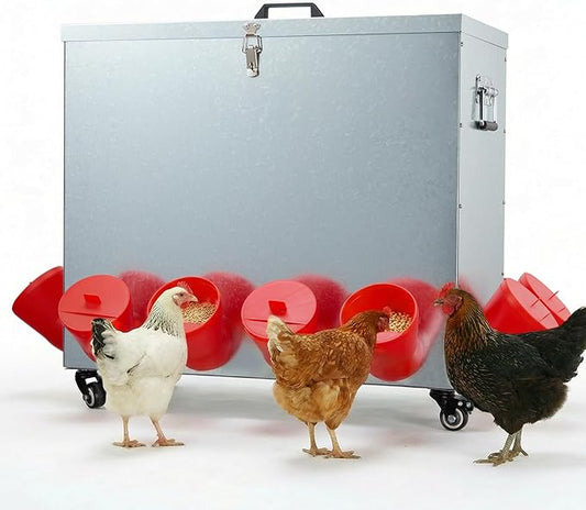 Magicfly 85 lbs Chicken Feeder No Waste, Large Metal Automatic Chicken Feeder Box, 12 Bell-Mouth Feeding Port, with Handle, Grit & Oyster Shell Trough, Chick Feeder on Wheels for Chickens, Ducks