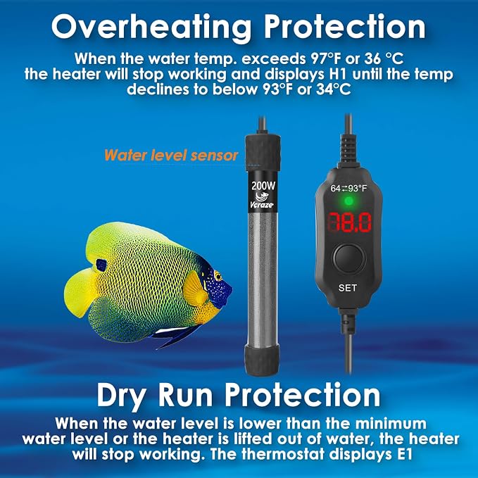 200W Compact Aquarium Heater for 20-40 Gallon Tanks | Submersible Fish Tank Heater with LED Digital Thermostat, Dry-Run & Overheat Protection, Memory Function