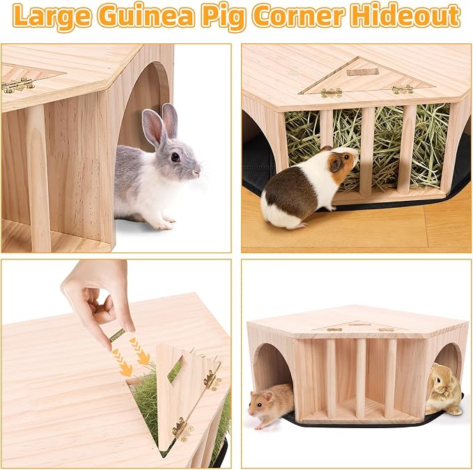 Kalolary Wooden Guinea Pig Corner Hideout with Pee Pad, Small Animal Hideout with Hay Feeder Dual Entrances Hamster Hideout for Bunny Chinchilla Mice Dwarf Gerbils Mouse Hedgehog Playing Hiding