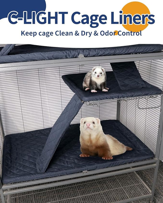 C-LIGHT Ferret Cage Liner, for Ferret Nation & Critter Nation Cage, 4-Layer Absorbent Pad with Ultrasonic Welding, Chinchilla Cage Accessories kit, Anti-Leak, Odor Control (Blue, Double Unit Combo)