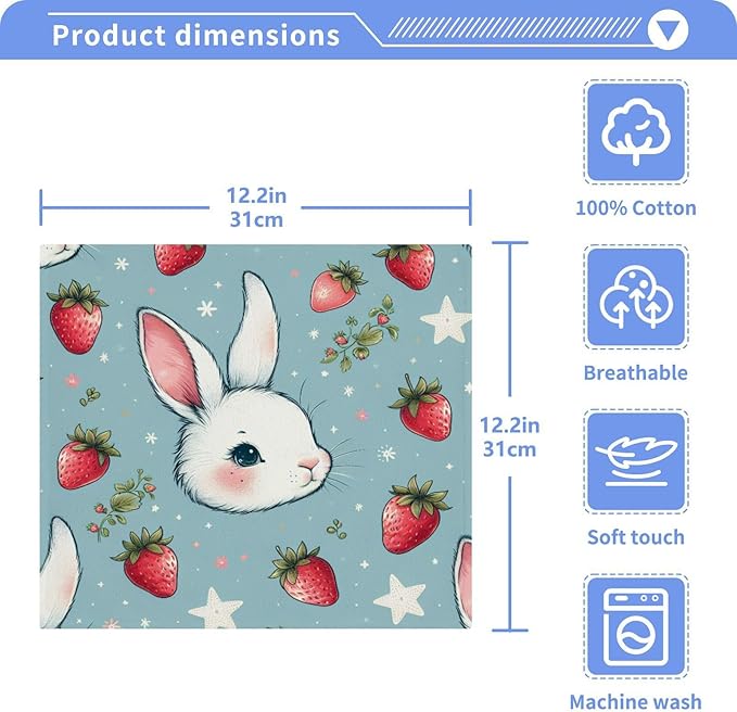 Qilmy Rabbit with Strawberry Washcloths 4 Pack, 12x12 Inch Cotton Wash Cloths - Highly Absorbent Face Towels for Bathroom, Washing, Gym, and Spa