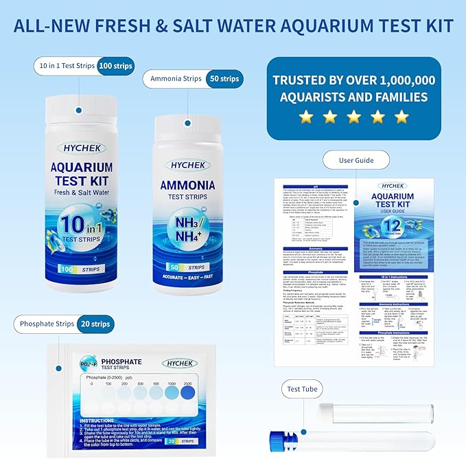 12 in 1 Accurate Aquarium Test Strips - 170 Strips | Fish Tank Aquariums Water Test Kit | Fresh & Salt Water Testing Kit | Includes Ammonia, Phosphate Strips and More.
