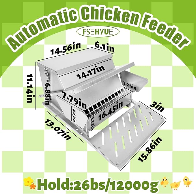Automatic Metal Treadle Feeder 26lbs Capacity No Waste Automatic Chicken Feeder Galvanized Steel Large Metal Poultry Feeder Outdoor Coop Food Dispenser with Rain Cover