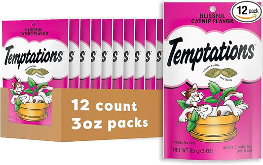 Temptations Cat Treats, Classic Crunchy and Soft Cat Treats, Blissful Catnip Flavor, Catnip Treats, 3 oz. Pouch (Pack of 12)