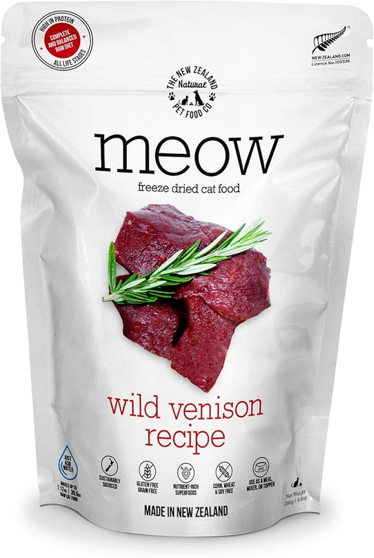 The New Zealand Natural Pet Food Co. Meow Freeze Dried Cat Food - Wild Venison Recipe, High Protein Treats, Meals & Toppers, Dry Cat Food, 9.9 oz
