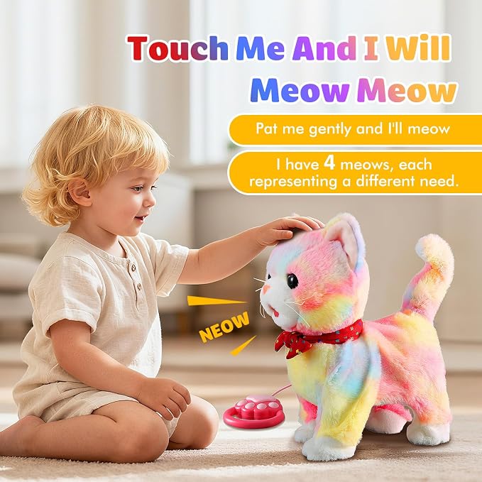 Rainbow Walking Cat Toy for Kids Kitty Toys for Girls Kitten Set that Talking Meows Singing Dancing Repeat What You Say Touch and Voice Control Plush Electronic Robot Kitties for Baby Toddlers