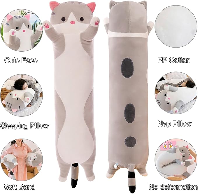 Giant Cat Pillow Plush Cartoon Kitty Sleeping Hugging Pillow, Cuddly Soft Long Kitten Body Pillow Doll Cat Cushion Toy for Kids Girlfriend (Gray, 90cm/35.4inch)