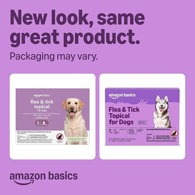 Amazon Basics Flea and Tick Topical Treatment and Prevention for Large Dogs (45-88 lbs), Fast Acting and Long Lasting, Tick Prevention, 6 Count, Packaging May Vary