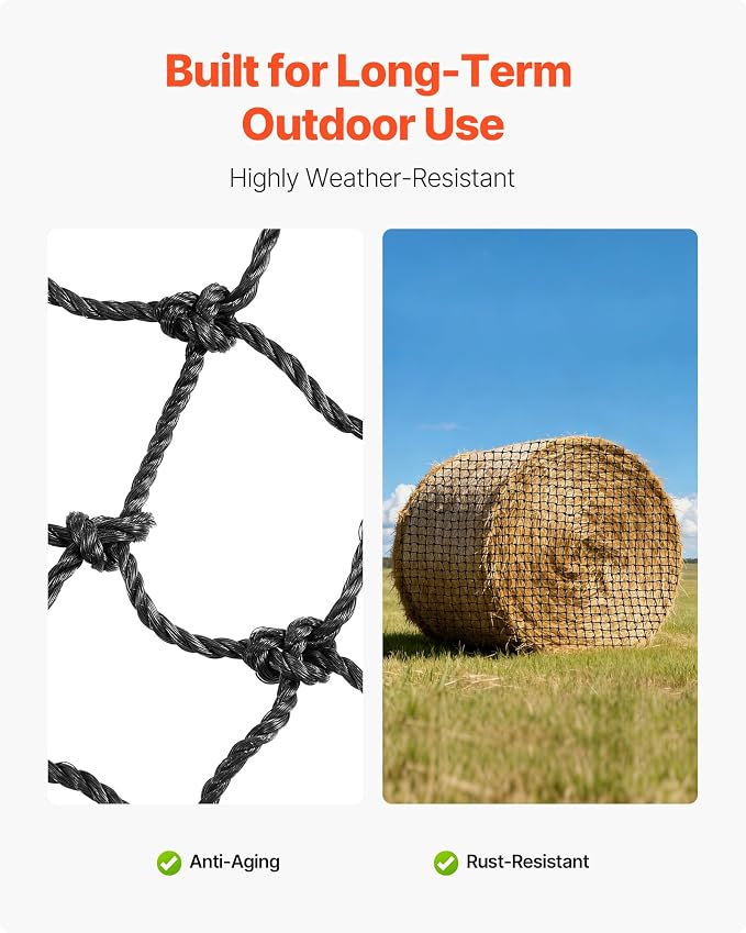 VEVOR Round Bale Hay Net, 4.92 x 4.92 x 4.92 ft, 1.75 inch Holes, PE Material, Reinforced Knotted Design, with Zip Ties, Needle Shuttle, and Repair Twine, Slow Feeder Round Bale Net for Horses
