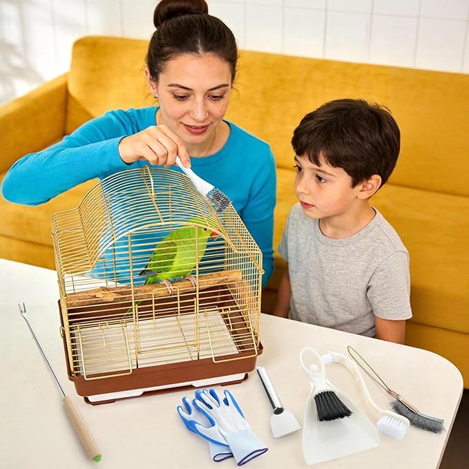 Draupnir Bird Cage Cleaning Supplies 7 Pcs Bird Cage Cleaner Brush Kit, Birds Poop Remover Cleaning Tools Set Cages Accessories