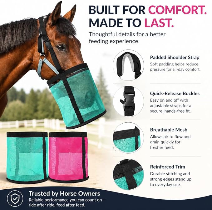 Horse Feed Bag,Heavy Duty Muzzle Feed Bag with Adjustable Strap,Comfort Neck Pad,Nose Pad and Double Waterproof Bottom Mesh Feed Bags for Horse Pack of 2