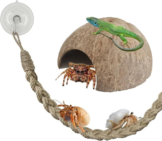 2PCS Hermit Crab Accessories，25.9inx1.58in Reptile Climbing Rope，Natural Coconut Reptile Hideouts，Ermit Crab, Hamster, Chameleon, Tree Frog, Lizard, Gecko Habitat Aquarium Decoration