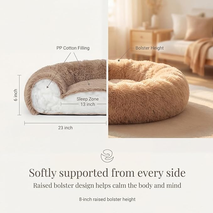 Calming Donut Dogs Beds for Small Dogs Washable,23inch Plush Round Pet Bed for Cozy Sleep,Fluffy Faux Fur Large Cat Bed,Fits up to 25 lbs Pets,Camel