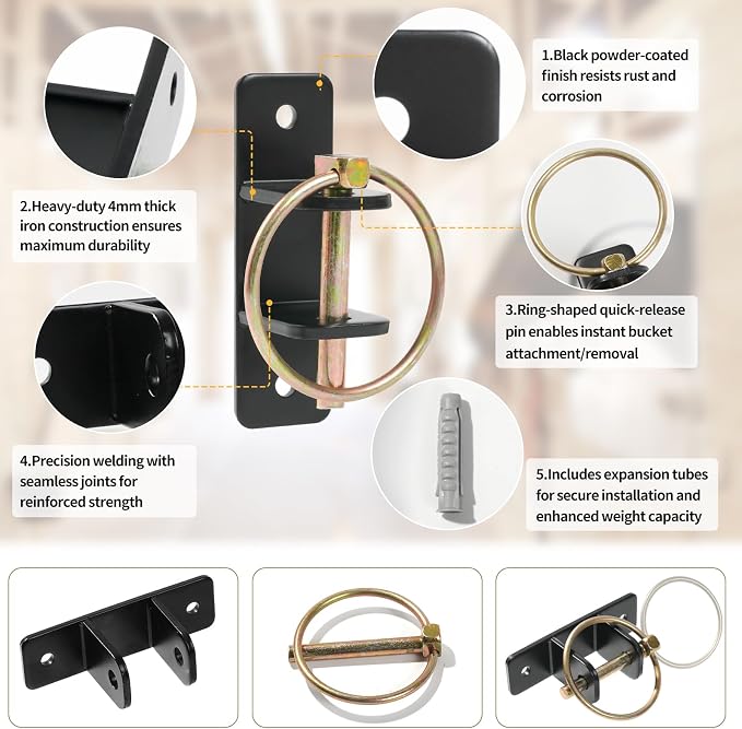 4 PCS Heavy Duty Water Bucket Hooks with Quick Release Pin, 5/32 Inch Thick Wall Mounted Horse Feed Bracket for Stall, Seamless Welded Hardware for Livestock, Barn & Pets