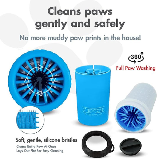 Dexas Lidded MudBuster Dog Paw Cleaner in Pro Blue - Fits 1.5"-2.5" Wide Paws, Portable Paw Washer for Muddy Paws, Dog Paw Cleaning Cup with Gentle Silicone Bristles, Quick Clean Pet Paw Washer