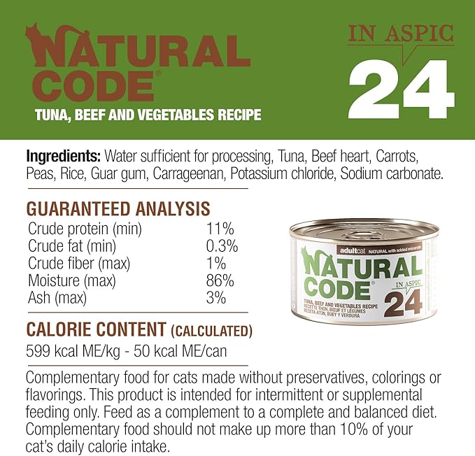 Natural Code - 24 Pack Wet Cat Food, Limited Ingredient Cat Food, High-Protein, Non-GMO, No Artificial Additives, Made in Italy, Tuna, Beef & Vegetables in Aspic for Adult Cats, 3 oz