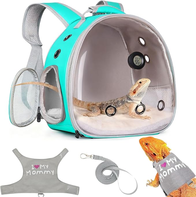 Bearded Dragon Travel Backpack Carrier with Reptile Thermometer and Humidity Gauge Lizard Travel Cage Space Capsule Clear Bubble Window Astronaut Reptile Bag for Ball Python (Green, Backpack+I LSH)