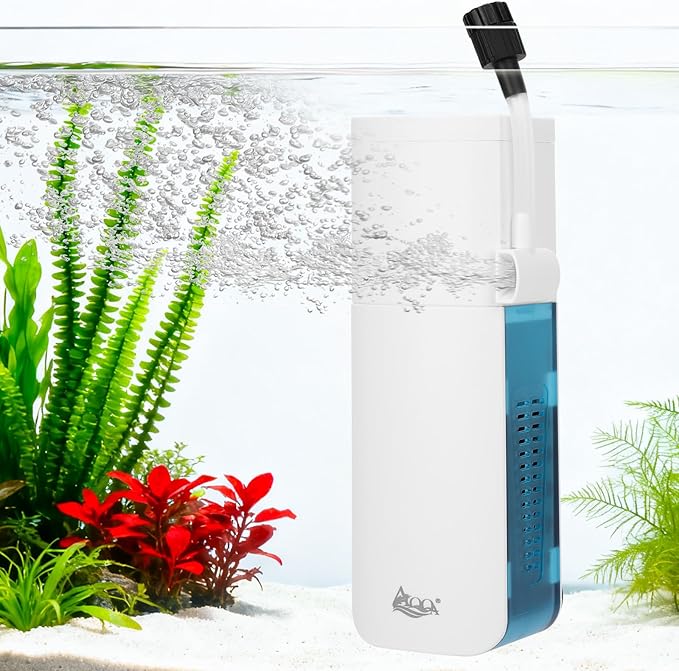 AQQA Aquarium Filter for 5-10 Gallon Tank, 79GPH Internal Small Fish Tank Filter with Dual Water Outlet & Aeration for Crystal Clear Water Submersible Pump& Filter System (3W for 5-10 Gal Tank)