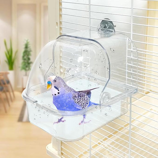Bird Bath for Cage - Spacious Parakeet & Parrot Bathtub with Hanging Hooks, Portable Shower for Most Birdcages, Cleaning Pet Supply (Clear)