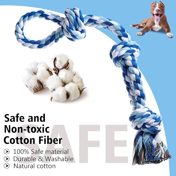 XIGOU Dog Rope Toys Indestructible Dog Toys, Dog Chew Toys for Aggressive Chewers, Tough Puppy Teething Chew Toys for Boredom, Dental Cleaning Tug of War Dog Toy, Great for Small to Large Breed, Blue