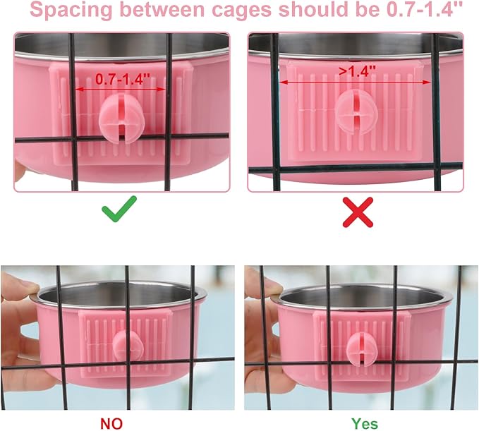 Hypeety Dog Crate Water Bowl No Spill - Hanging Attachable Pet Bowls for Kennel Durable Stainless Steel Food Water Dishes for Small Dogs Cats Rabbits Parrots with Non-Slip Base (Pink 2pcs)