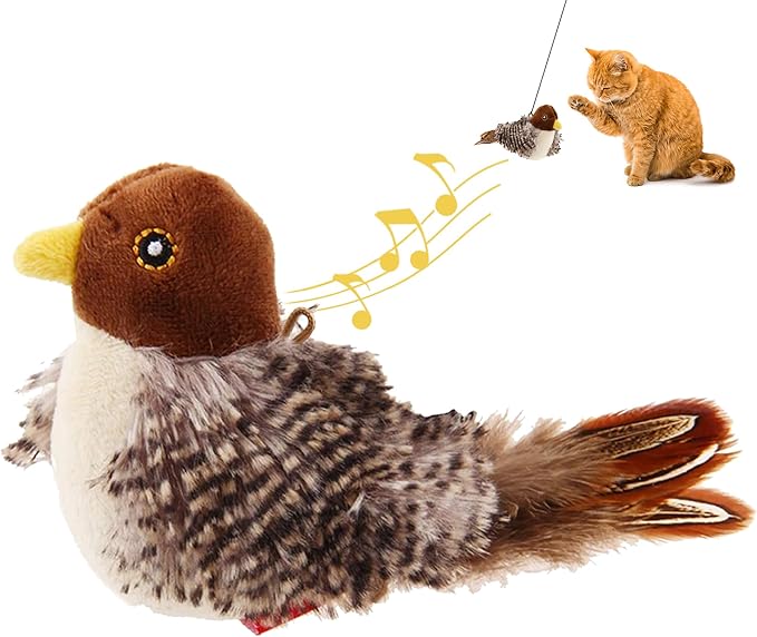 GiGwi Interactive Cat Toys Squeaky, Stimulated Chirping Bird Toy Making Noise,Automatic Chirp Bird Cat Toy with Feather Tail, Melody Chaser Play and Squeak Kitten Toy for Boredom