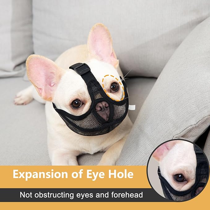 OHCOZZY Short Snout Dog Muzzle with Soft Mesh, Won’t Cover Eyes Bulldog Muzzle for Small Medium Large Dog Anti Bitting Chewing Barking（XL,Black）