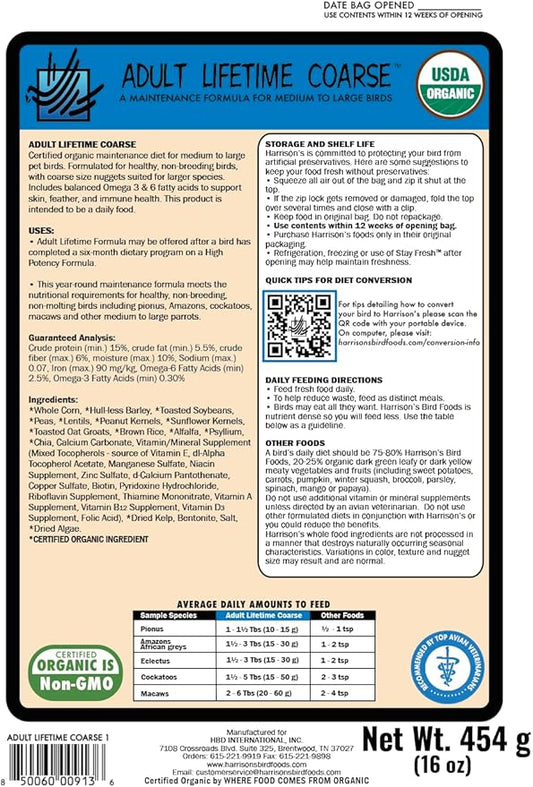 Harrison's Bird Foods Adult Lifetime Coarse Certified Organic Non-GMO Daily Maintenance Formula for Medium to Large Birds, Parrots, Cockatoos, Macaws etc, Suitable for All Life Stages, 454g / 1lb