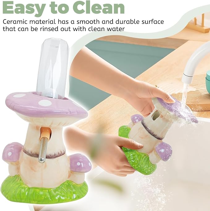 PINVNBY Hamster Water Bottle No Drip Ceramic Automatic Gerbil Water Bottle 80ML Water Dispenser with Mushroom Stand Holder for Gerbils Syrian Hamsters Dwarf Hamsters Mice (Purple)