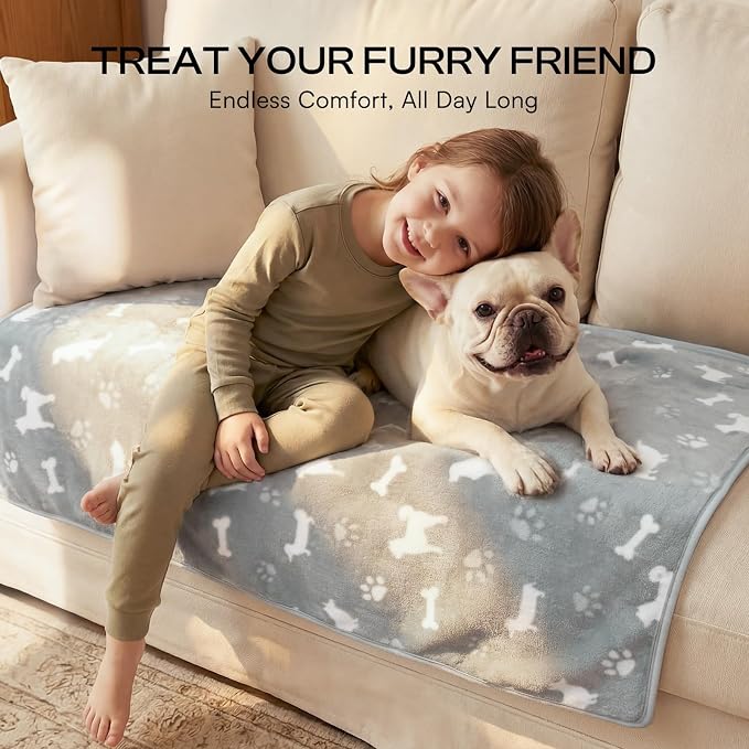 Luciphia 3 Pack Dog Blankets, Soft Fleece Puppy Blanket with Cute Bone Print, Cozy Pet Throw Blanket for Crate Couch Bed Travel, Machine Washable, Blue/Grey/Khaki,41x31