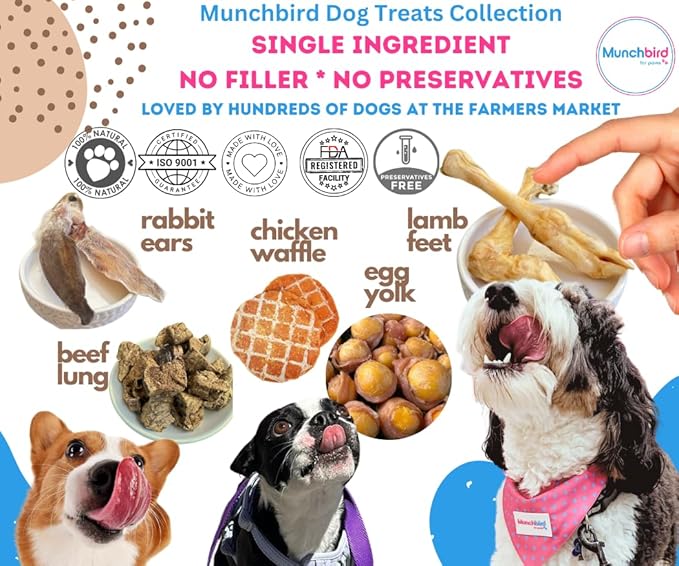 Munchbird Dehydrated Rabbit Ears 100g (3.5 oz) 12-15 pcs for Dogs, European Furry Rabbit Ear Natural Fiber for Pets, Rawhide Free Alternative to Pig Ears Dog Treats, Ear Size Varies