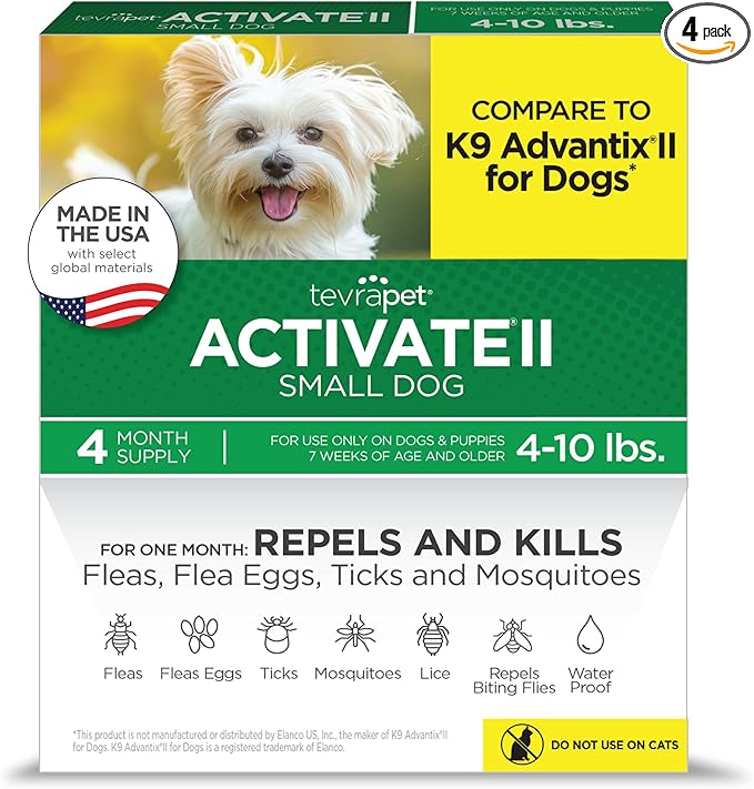 TevraPet Activate II Flea and Tick Prevention for Dogs, Small Dogs 4-10 lbs, Topical Drops, 4 Months Flea and Tick Treatment
