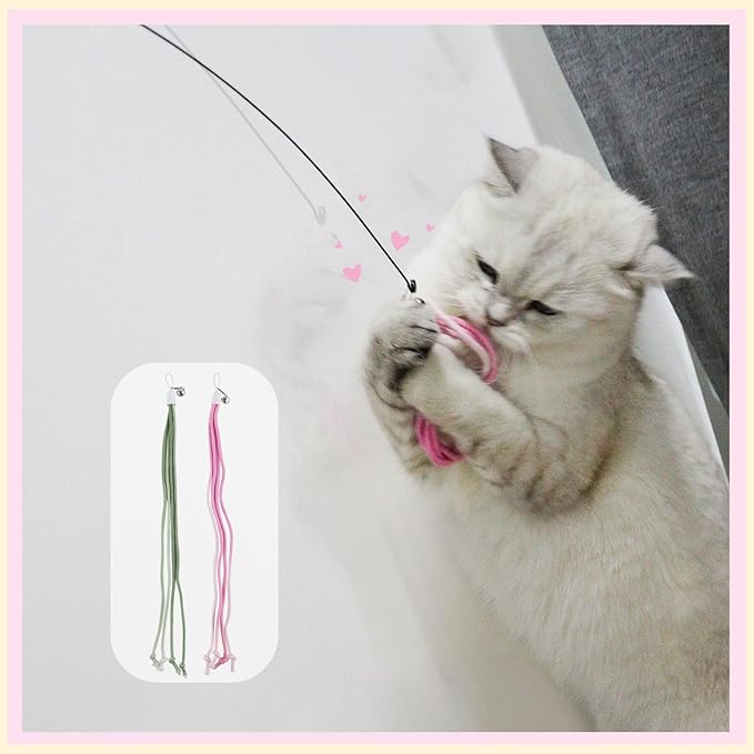 Andiker Cat Wand Toys, Colorful Cat Teaser Toy with 2 Cotton Rope Refills & 1 Long Steel Wand, Interactive Cat Toy for Indoor Cats to Chase Chew and Exercise (Rainbow and Purple)