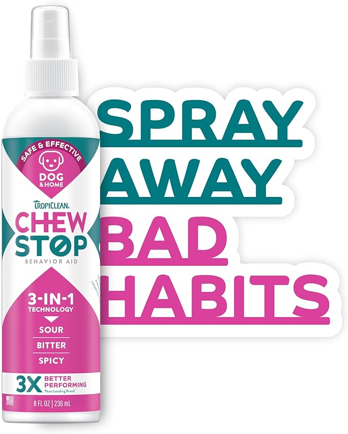 TropiClean No Chew Spray for Dogs, Better Than Bitter Apple Spray, Safe & Natural Chew + Lick Deterrent, Protect Home, Hot Spots & More! 8oz