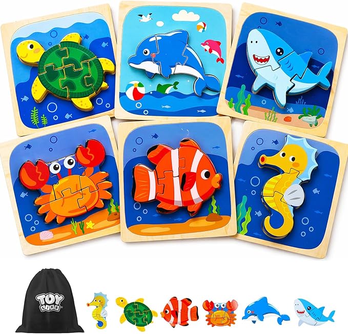 TOY Life Wooden Puzzles for Toddlers 2-4, Sea Animals Puzzles for Toddlers 1-3, Wood Puzzles Educational Montessori Toys Gifts for 1 2 3 Year Old, Baby Kids Learning Toy