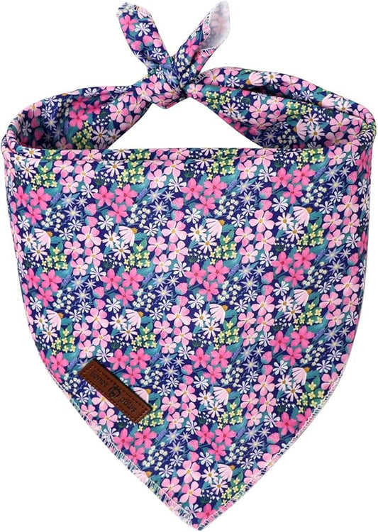 Lionet Paws Spring Summer Dog Bandana Washable Cotton Blue Handkerchief Scarf Triangle Floral Oxalis Bandana for Medium Large Dogs Girl Boy