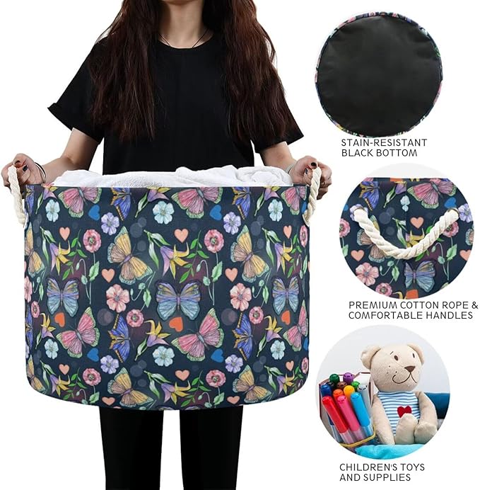 Butterfly Print Round Storage Basket Summer Colorful Butterfly Flowers Large Laundry Hamper 20 x 20 x 14 Inches Organizer Bin with Handles Clothes Storage Bag for Nursery Bedroom Living Room Decor