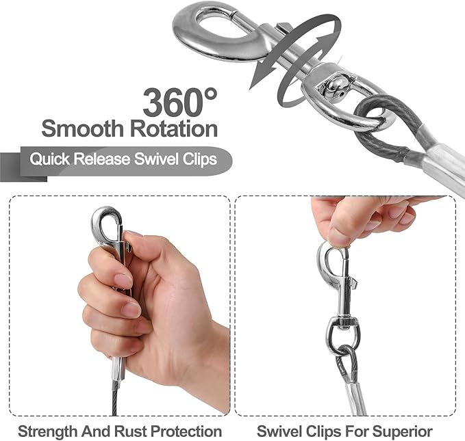 Tie Out Cable for Dogs,10/20/30/50/100FT Dog Leads for Yard Chew Proof,Heavy Duty Tie Out Cable for Large Dogs Up to 125lbs,Dog Runner Tether (Transparent Black, 125Ibs 20ft)