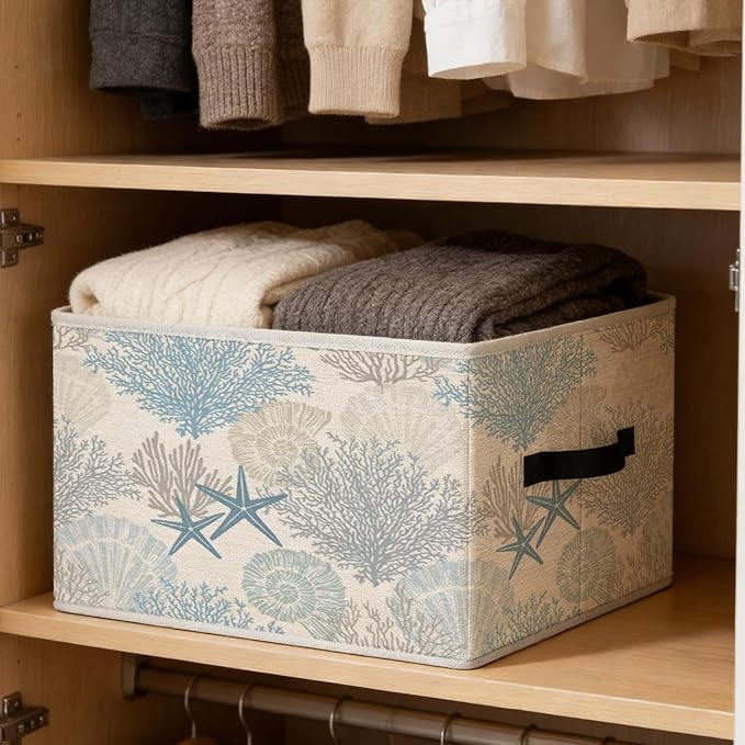 Coastal Beach Storage Bins, Beach House Decor, Coastal Coral Starfish Seashell Foldable Closet Organizers Storage Basket Toybox for Clothes Bed Sheets Blankets Toys