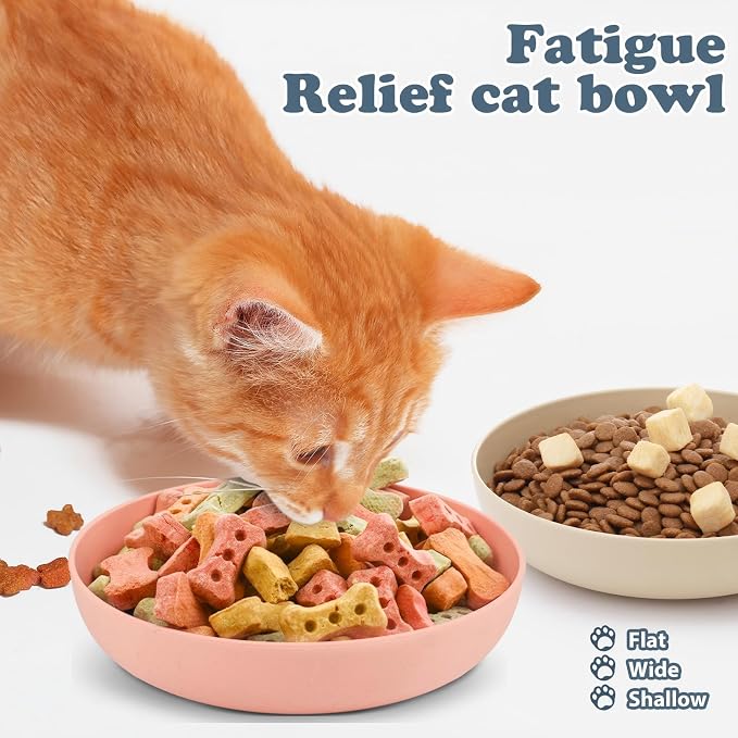 Tioncy 24 Pcs Cat Food Bowl 5.5'' Fatigue Relief Shallow Cat Food Dish Wide and Small Pet Wet Plate Wide Stray Wet Feeding Bowl for Ferrets Feral Short Legged Kitten, Wheat Straw(Pink, Beige,Classic)