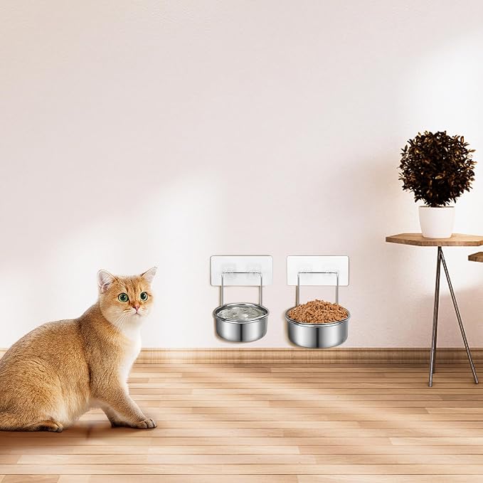 2 Pcs Small Wall Mounted Cat Bowls, Elevated Hanging Puppy Food and Water Bowls Stainless Steel Non-Spill Kitten Feeding Dish with Wall Mounted Hook for Small Pets (S (4x1.7'' & 4.7x2''))