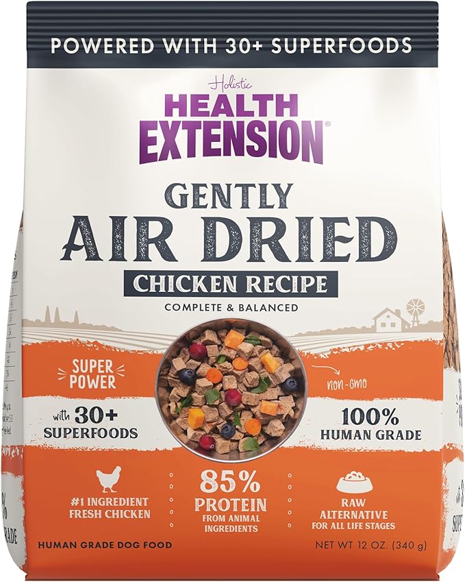 Health Extension Gently Air Dried Chicken Dog Food, (12oz, 340 g) – Complete & Balanced with 85% Animal Protein and 30+ Superfoods for All Life Stages