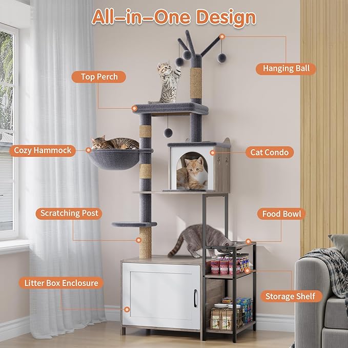 HavenlyYouth Cat Tree with Food Station and Litter Box Enclosure, Multi-Level Cat Tree Tower with Sisal Scratch Posts for Playtime, Plush Hammock in Gray for Cozy