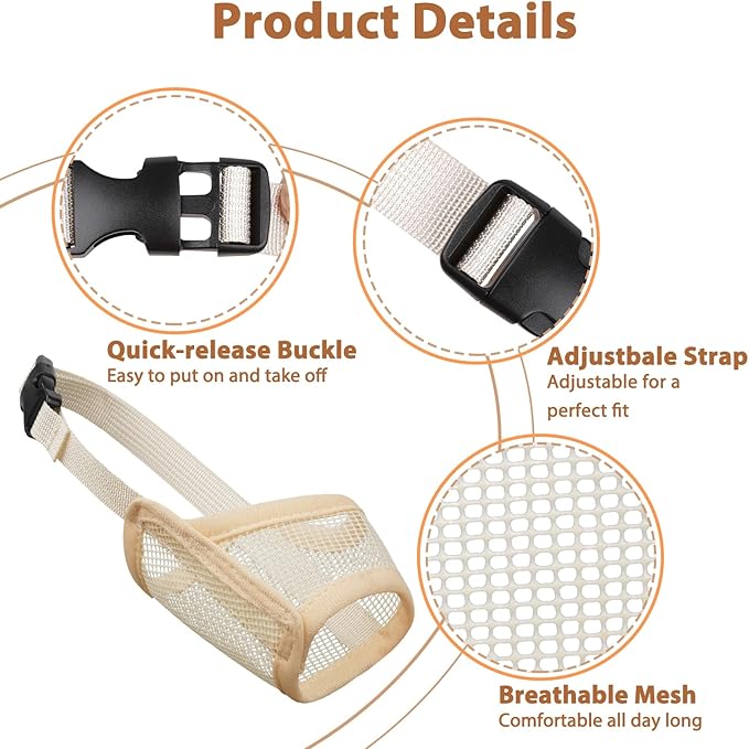 LUCKYPAW Dog Muzzle Suits for Small Medium Large Dogs, Mesh Muzzle Anti Biting Chewing, Breathable Mouth Cover Set with Adjustable Strap for Grooming Vet Visiting Training (Small 3 PCS(XXS-S), Beige)