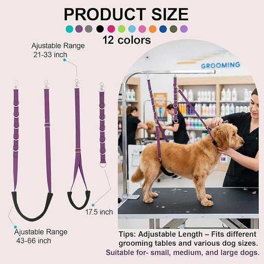 Dog Grooming Belly Straps Belly Band & Loop Extension Set - Adjustable & Comfortable Grooming Tools for Pet Grooming Tables Arms and All Dog Breeds (Purple)