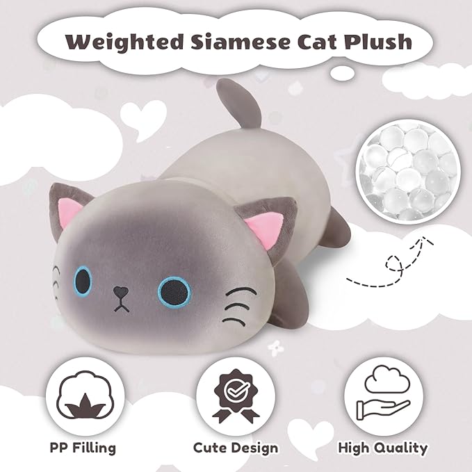 Finebee Weighted Siamese Cat Stuffed Animals, Cute Weighted Siamese Cat Plush, Soft Stuffed Weighted Plushie Pillow Gifts for Kids & Adults (23.6" 3.1Lbs)